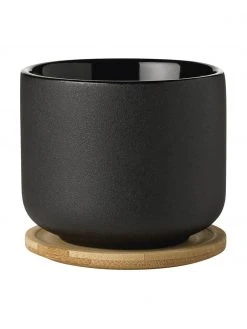 Stelton Becher Theo in Schwarz mit Deckel/Untersetzer, Ø 9 x H 9 cm, 200 ml