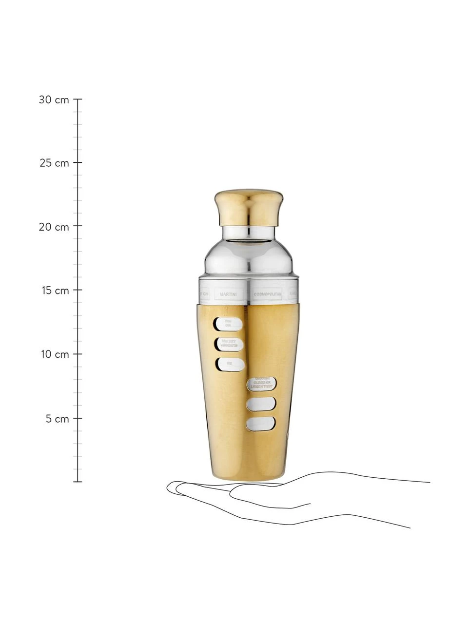 Cocktail-Shaker Aurora Recipe in Gold-/Silberfarben, Edelstahl, emailliert, Messingfarben, Silberfarben, Ø 8 x H 23 cm Ladelle Cocktail-Shaker Aurora Recipe in Gold-/Silberfarben, Ø 8 x H 23 cm -Küche Geschäft Cocktail Shaker Aurora Recipe in Gold Silberfarben 1