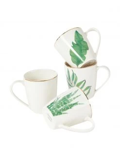 Westwing Collection Fine Bone China Tassen Timba mit tropischem Design, 4er-Set, Ø 9 x 10 cm, 350 ml