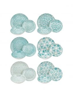 Villa D'Este Home Tivoli Gemustertes Geschirr-Set Bodrum in Türkis/Weiß, 18-tlg., Set mit verschiedenen Größen