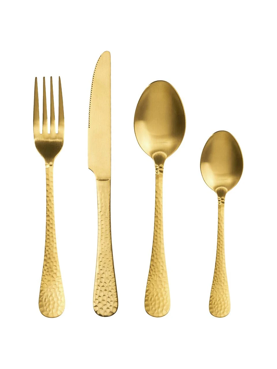 Goldfarbenes Besteck-Set Baronet mit gehämmerten Griffen, 1 Person (4-tlg.), Edelstahl, beschichtet Das Besteck ist aus Edelstahl gefertigt. Somit ist es langlebig, rostet nicht und ist resistent gegen Bakterien., Messingfarben, matt, Set mit verschiedenen Größen BUTLERS Goldfarbenes Besteck-Set Baronet mit gehämmerten Griffen, 1 Person (4-tlg.), Set mit verschiedenen GrößenNur noch 1 Artikel verfügbar -Küche Geschäft Goldfarbenes Besteck Set Baronet mit gehammerten Griffen 1 Person 4 tlg