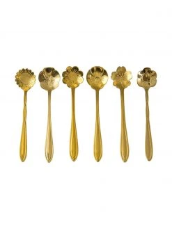 Goldfarbenes Teelöffel-Set Flower in verschiedenen Formen, 6er-Set, L 12 cm