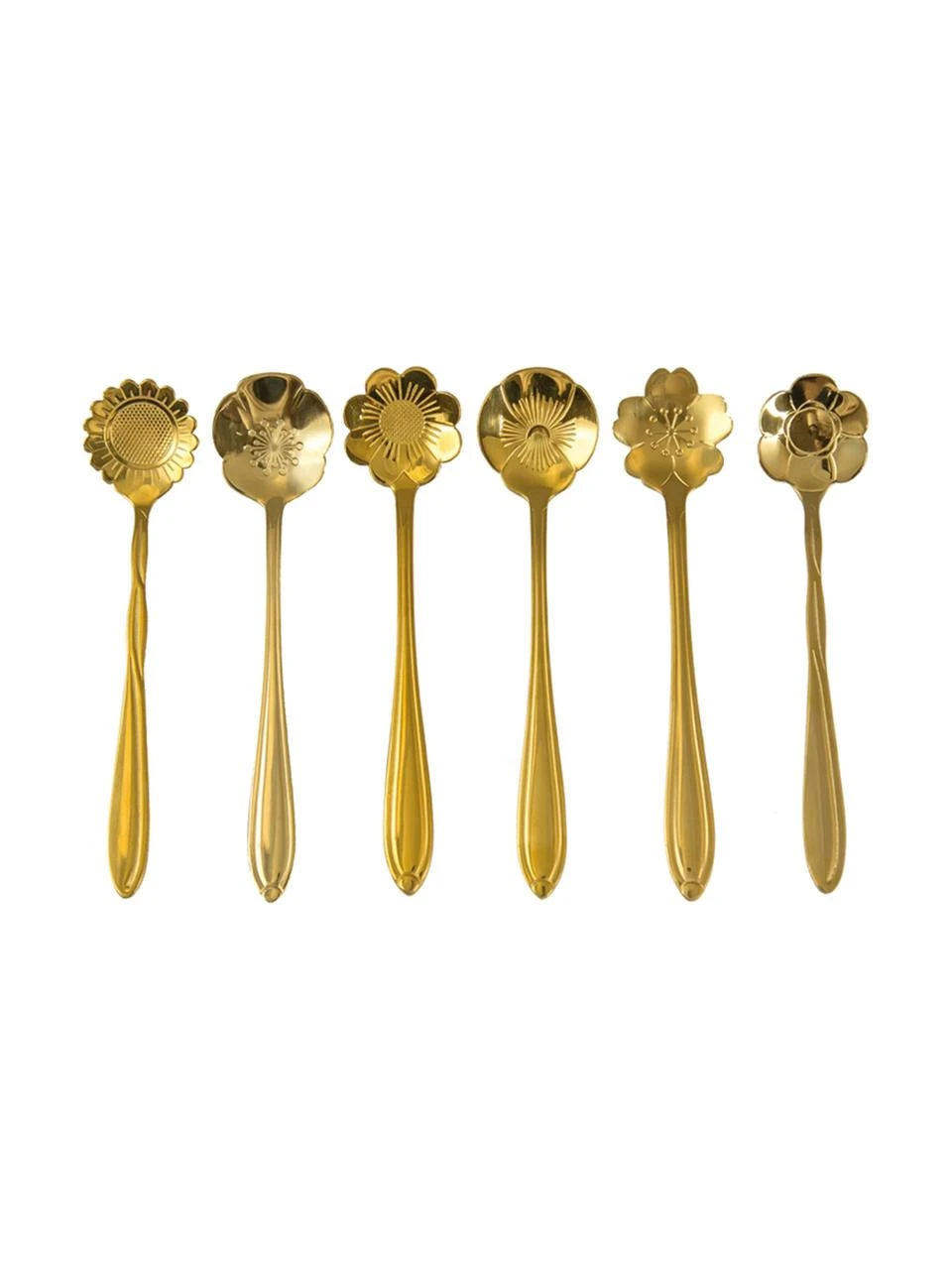 Goldfarbenes Teelöffel-Set Flower in verschiedenen Formen, 6er-Set, L 12 cm 1 Goldfarbenes Teelöffel-Set Flower in verschiedenen Formen, 6er-Set, L 12 cm