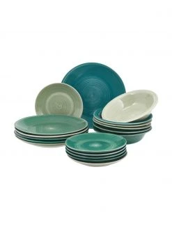 Westwing Collection Handbemaltes Geschirr-Set Lucca in Grüntönen, 6 Personen (18-tlg.)
