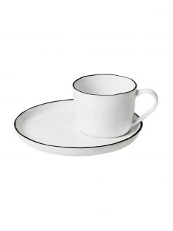 Broste Copenhagen Handgemachte Espressotasse Salt mit Untertasse mit schwarzem Rand, Ø 6 x H 5 cm, 90 ml