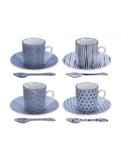 Tokyo Design Studio Handgemachte Porzellan-Espressotassen Nippon mit Untertassen und Löffeln in Blau/Weiß, 4-er Set, Set mit verschiedenen Größen