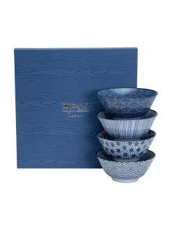 Tokyo Design Studio Handgemachte Porzellan-Sch&auml;lchen Nippon in Blau/Wei&szlig;, 4-er Set, Ø 15 x H 7 cm -Küche Geschäft Handgemachte Porzellan Schalchen Nippon in BlauWeiss 4 er Set 3