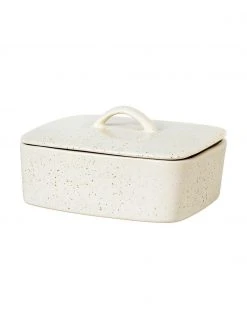 Broste Copenhagen Handgemachte Steingut-Butterdose Nordic Vanilla in Cremeweiß gesprenkelt, B 15 x L 12 cm