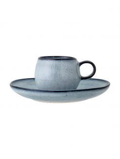 Bloomingville Handgemachte Steingut-Espressotasse mit Untertasse Sandrine in Blautönen, Ø 7 cm x H 6 cm, 100 ml
