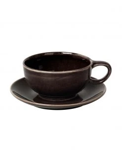 Broste Copenhagen Handgemachte Tasse mit Untertasse Nordic Coal aus Steingut, Ø 11 x H 5 cm, 250 ml