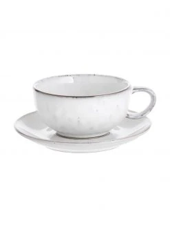 Broste Copenhagen Handgemachte Tasse mit Untertasse Nordic Sand aus Steingut, Ø 11 x H 5 cm, 250 ml