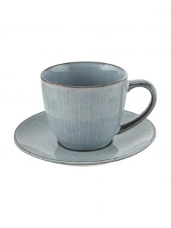 Broste Copenhagen Handgemachte Tasse mit Untertasse Nordic Sea aus Steingut, Ø 8 x H 7 cm, 150 ml
