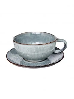 Broste Copenhagen Handgemachte Tasse mit Untertasse Nordic Sea aus Steingut, Ø 11 x H 5 cm, 250 ml