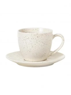 Broste Copenhagen Handgemachte kleine Steingut-Teetasse Nordic Vanilla mit Untertasse in Cremeweiß gesprenkelt, Ø 8 x H 7 cm, 150 ml