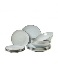 Westwing Collection Handgemachtes Geschirr-Set Thalia in Blaugrau, 4 Personen (12-tlg.)