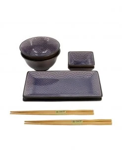 Tokyo Design Studio Handgemachtes Porzellan-Geschirr-Set Glassy Blue mit Essstäbchen, 2 Personen (6-tlg.), Set mit verschiedenen Größen