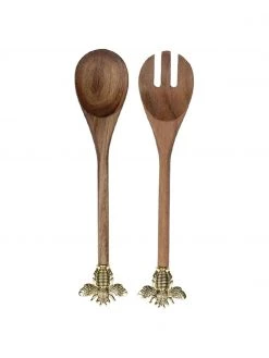 Holz Salatbesteck Bee mit goldenen Bienen am Griff, 2er Set, L 31 cm
