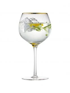 Lyngby Mundgeblasene Weingläser Palermo in Kugelform mit Rillenstruktur und Goldrand, 4 Stück, Ø 6 x H 21 cm, 650 ml