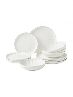 Westwing Collection Porzellan Geschirr-Set Sali mit goldenem Rand und Relief, 4 Personen (12-tlg.)