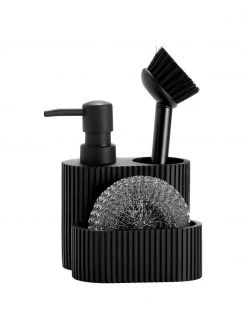 Andrea House Spülmittelspender Poly in Schwarz mit Schwamm, 3-er Set, B 12 x H 19 cm