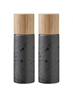 Bitz Steingut Salz- und Pfeffermühle Bizz mit Holzdeckel, 2er-Set, Ø 5 x H 17 cm