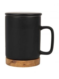 Sema Steingut-Tasse Nordika mit Deckel und Sieb, Sockel aus Akazienholz, Ø 9 x H 12 cm, 370 ml
