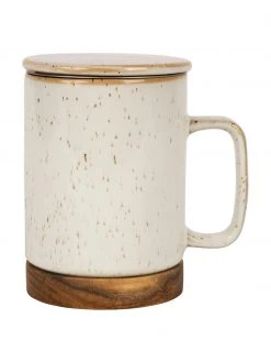 Sema Steingut-Tasse Nordika mit Deckel und Sieb, Sockel aus Akazienholz, Ø 9 x H 12 cm, 370 ml