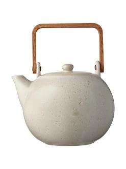 Bitz Steingut Teekanne Bizz in Hellbeige gesprenkelt und Holzgriff, 1.2 L