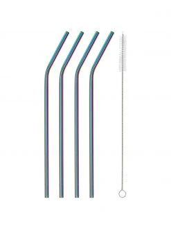 Westwing Collection Strohhalme Shine in Regenbogenfarben mit Bürste, 4er-Set, L 23 cm